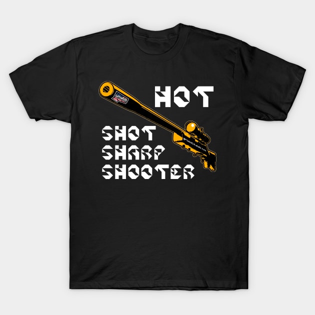 Hot Shot Sharp Shooter, v. Code Orange Wht Text T-Shirt by punchado